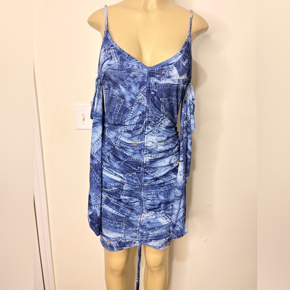 Blue Denim Print Mini Dress